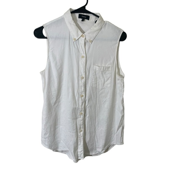 Lagenlook Tops - Theory Medium White Linen Sleeveless Button Up Top Collared Minimalist Lagenlook